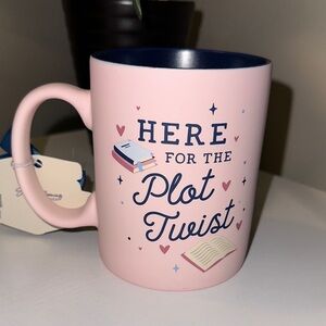 Pink 'Here for the Plot Twist' coffee mug blue inside book lover
